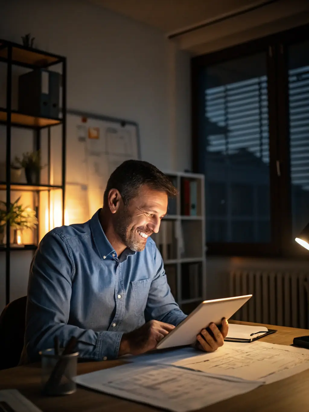 A building manager reviewing energy reports on a tablet.