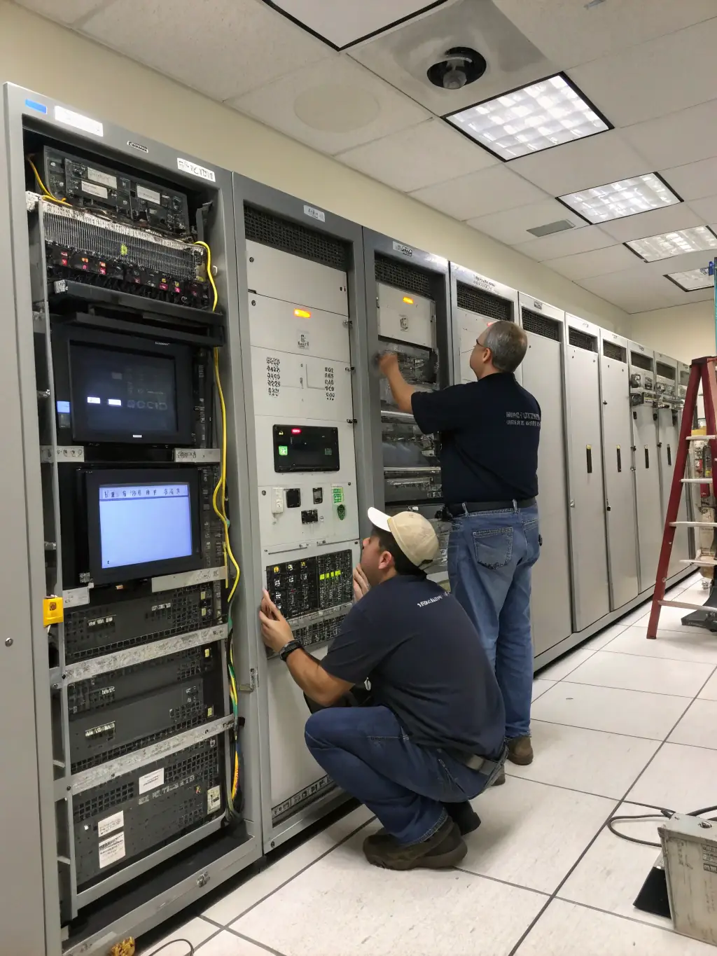 Technicians installing the EMC-2000 system in a control room.