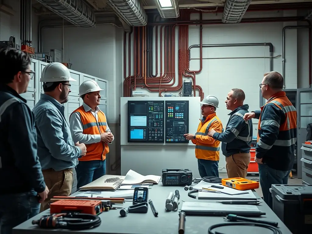 A team of engineers working together on building automation systems.