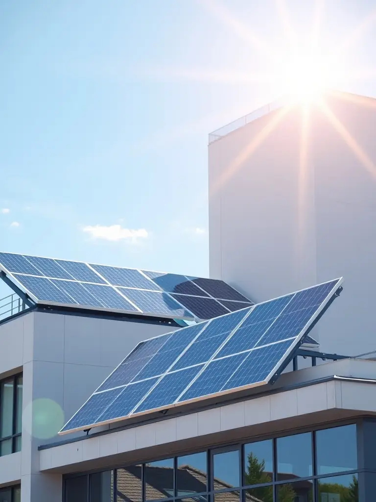 Modern building with integrated energy-saving solutions.